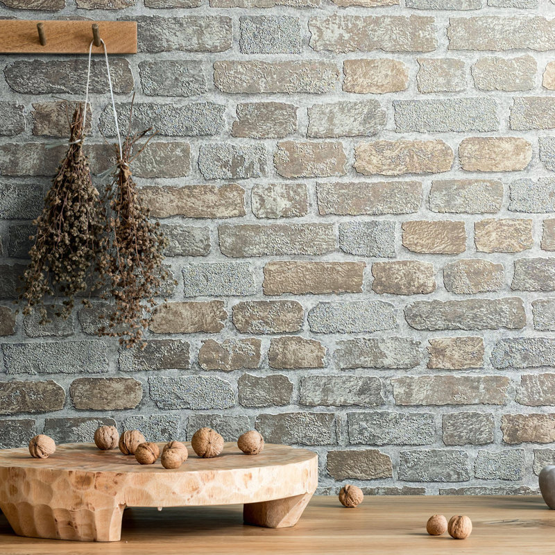 Ninti Industrial Effects Glass Stone Brick Effect Wallpaper Roll 10.05m x 53cm, Cream