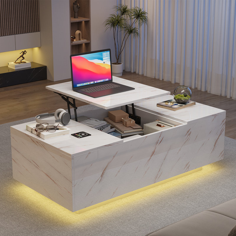 47.2-Inch Large Lift Top Coffee Table, Modern High Glossy LED Coffee Table With One Sliding Drawer & Hidden Compartment, Wireless Charging & Speaker, Marble Coffee Table For Living Room, Office