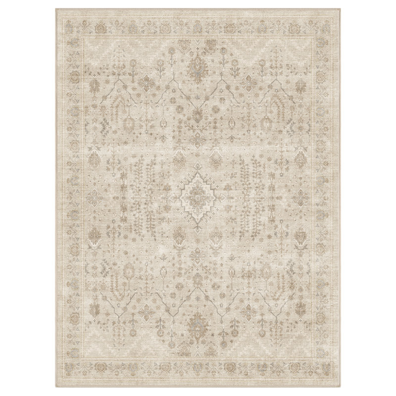 Tapis traditionnel délavé antidérapant lavable, Crème / Ivoire, Rectangle 9 pi x 12 pi