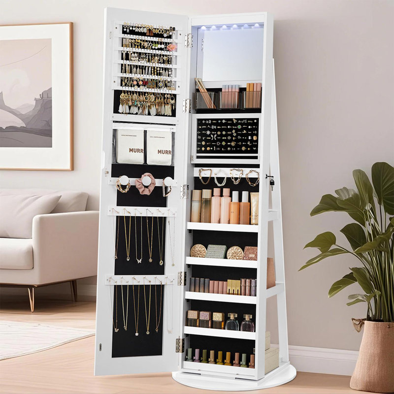LED Mirror Jewelry Cabinet Standing, Lockable Jewelry Armoire with Full-Length Mirror and Adjustable LED Lights, White