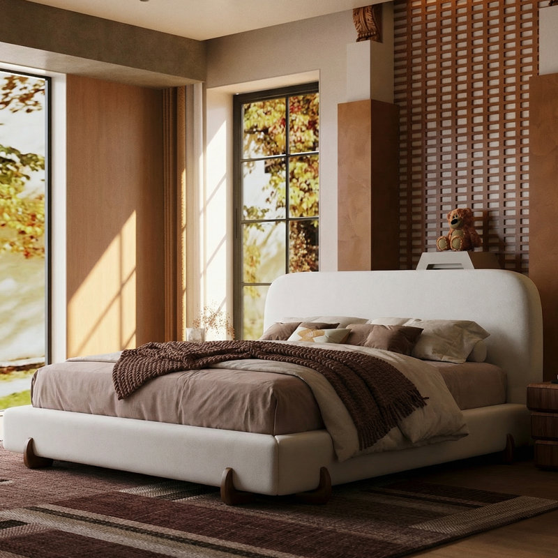 Très grande base de lit Cloud, structure de lit plateforme tapissier avec tête de lit Soft Boucle, pieds en bois massif, aucun sommier requis - assemblage facile