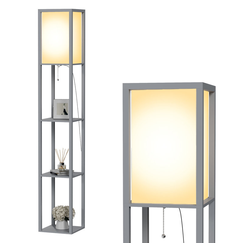 Floor Lamp with 3 Layers Wooden Shelves, Modern 160cm Standing Light Reading Lamp for Living Room, Grey