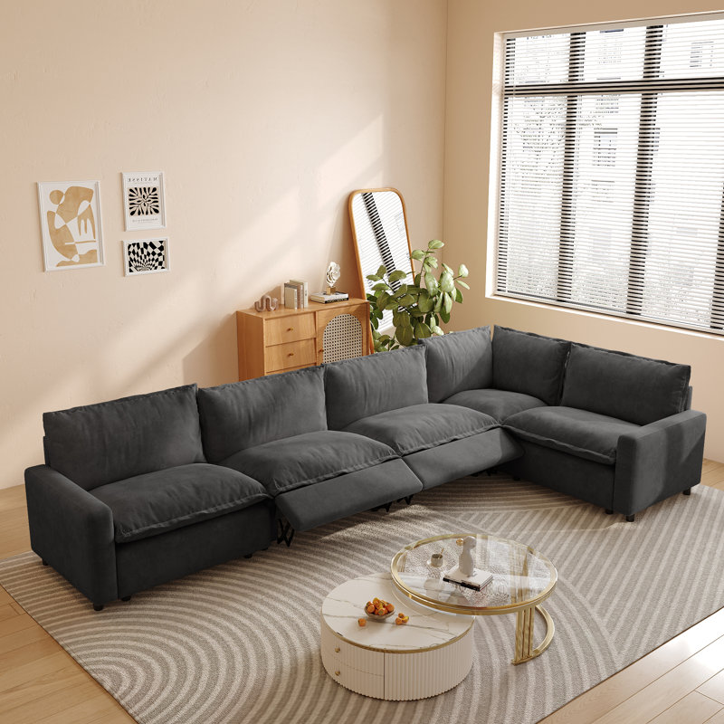 5-piece Upholstered Sectional Couch With Fabric, Heating Seat & Power Recliner, Gray Linen