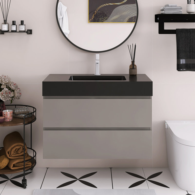 Meuble-lavabo flottant mural 36 po avec lavabo, Gris, Noir