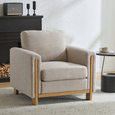 Élégant fauteuil en tissu classique avec structure en bois exposé et revêtement en polyester durable pour un confort moderne