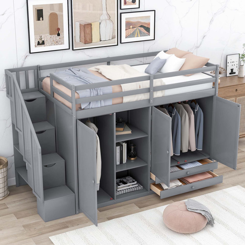 Meridia Metal Loft Bed With 4-Tier Shelves And Workstation, Gray