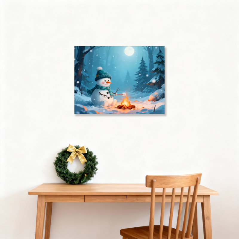 «Snowman Campfire Winter», art mural sur toile, H 16 po x l 24 po
