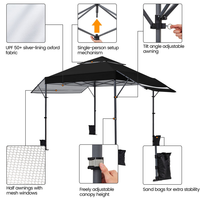 17 Ft. W X 10 Ft. D Steel Pop-Up Canopy, Black