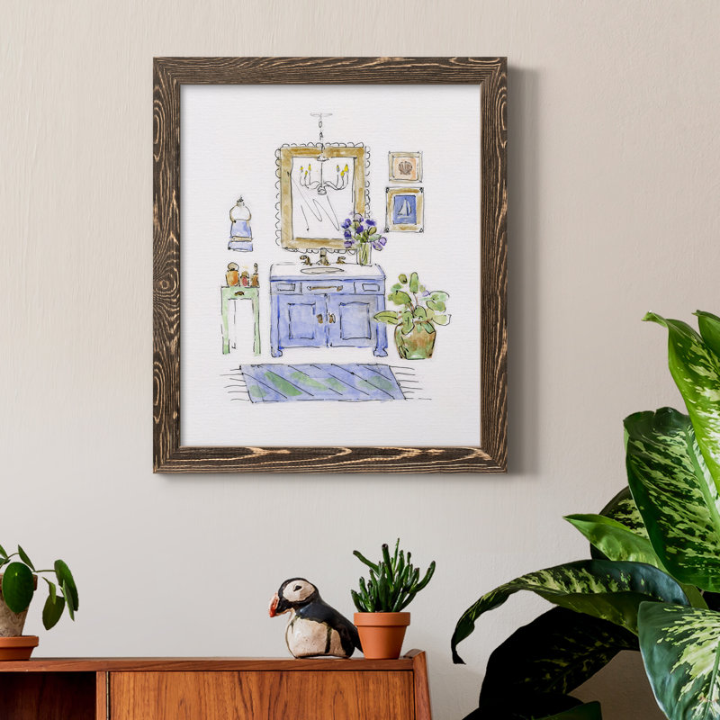 «Sketchy Bath II», peinture sur toile encadrée, H 24 po x l 18 po x P 1,5 po, Encadré de bois de noyer