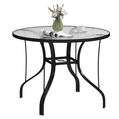 38" Round Patio Table with Umbrella Hole, Outdoor Dining Table Tempered Glass Metal Frame Bistro Table, for Deck, Yard, Balcony, Lawn, Pool, Black