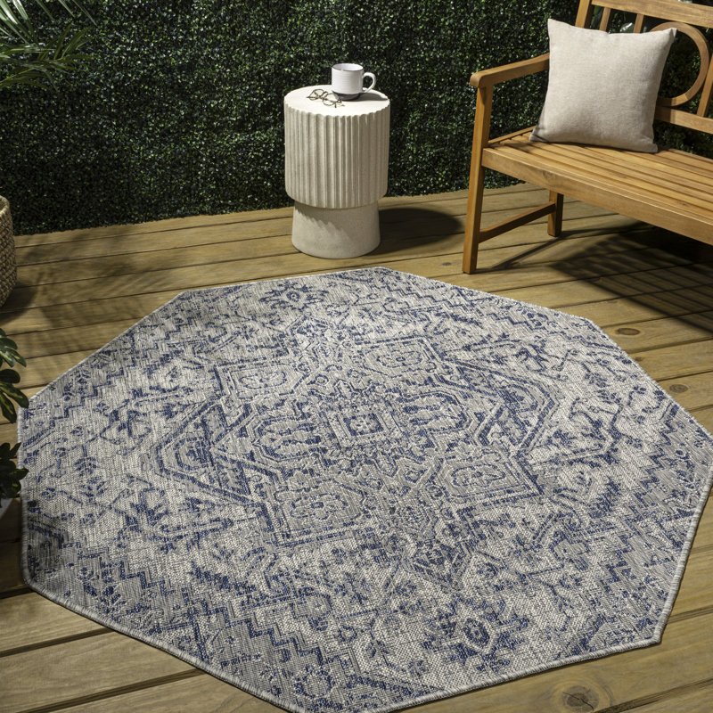 Truman Bohemian Medallion Textured Weave Navy/Gray Indoor/Outdoor Rug, Octagon 7'9"
