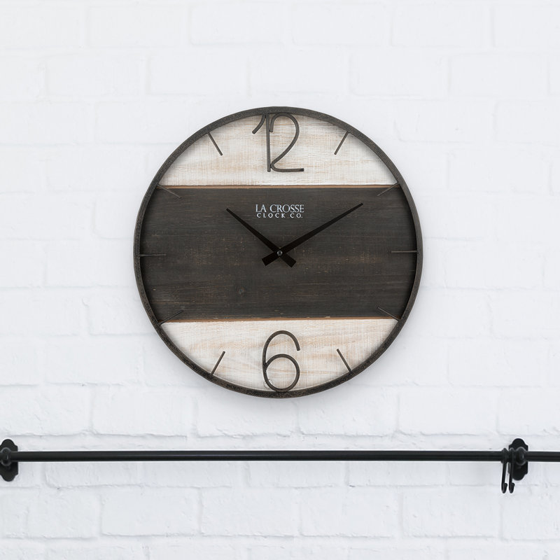 16" Brown and Off-White Metal and Wood Round Wall Clock