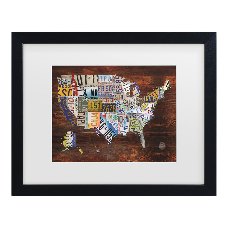 « USA License plaque Map »-impression d’art graphique, Cadre noir, H 11 po x l 14 po x P 0,5 po, Noir
