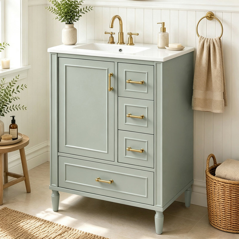 Meuble-lavabo moderne de 24 po avec lavabo en céramique, porte à fermeture douce, 3 tiroirs, poignées dorées et support de porte pour un rangement peu encombrant