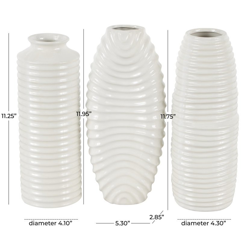 Elleigh Ceramic Dimensional Ribbed Decorative Vase with Varying Shapes Set, White