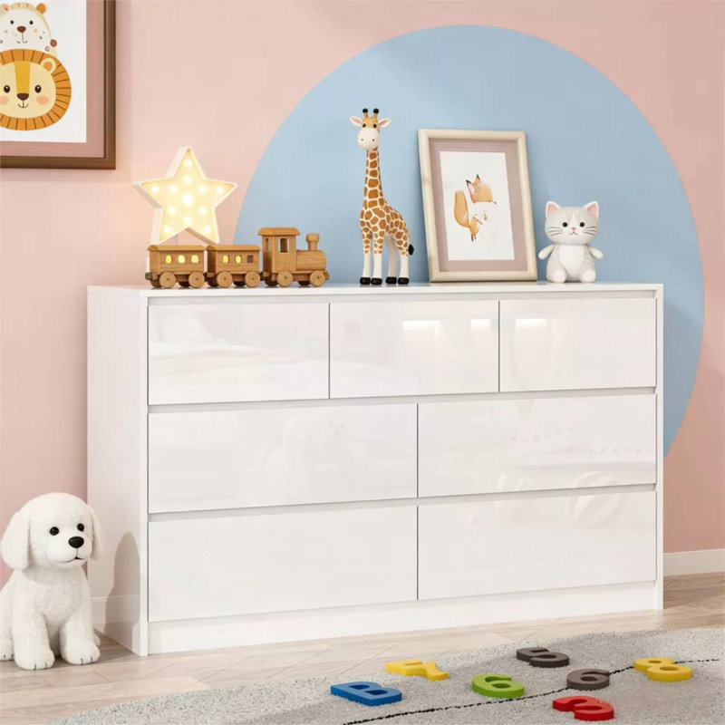 55" Full High Gloss Dresser with 7 Drawers, Modern Wide Storage Chest for Bedroom, White