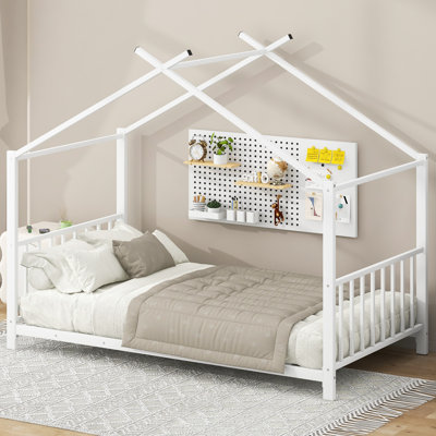 Lit plateforme simple en métal, base de lit pour enfant avec ensemble de lattes Montessori, aucun sommier nécessaire pour la chambre d'enfant, blanc