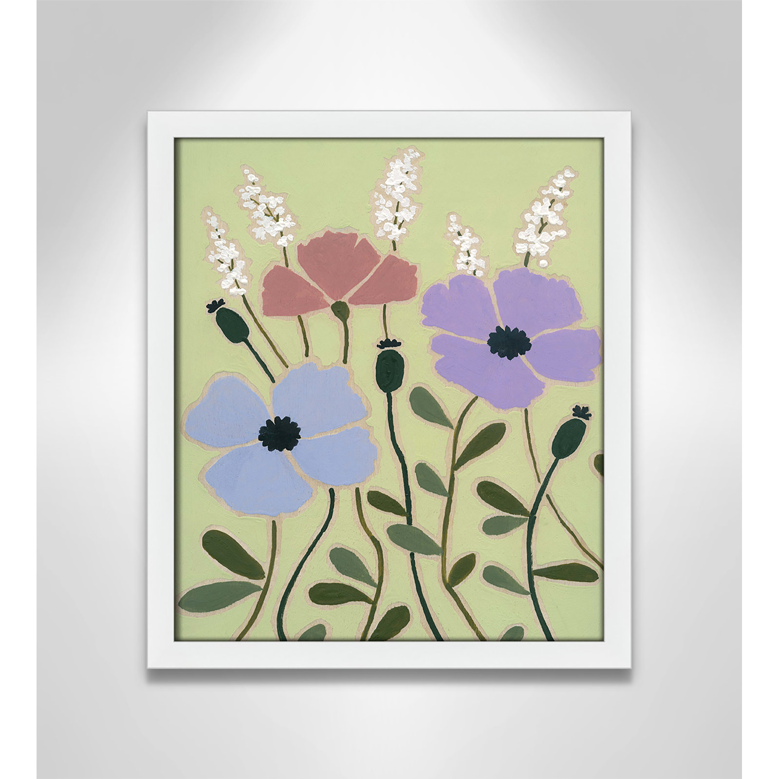 Maura "Woodblock Floral III" Print, 15" H x 13" W x 1.25" D, Satin White Framed