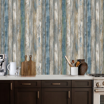 Peel and Stick Wallpaper Rustic Weathered Wood Planks Blue Beige Tones Contact Paper Removable Self Adhesive Wall Mural Wall Decor for Bedroom Kitchen Cabinets 17.7in x 118in