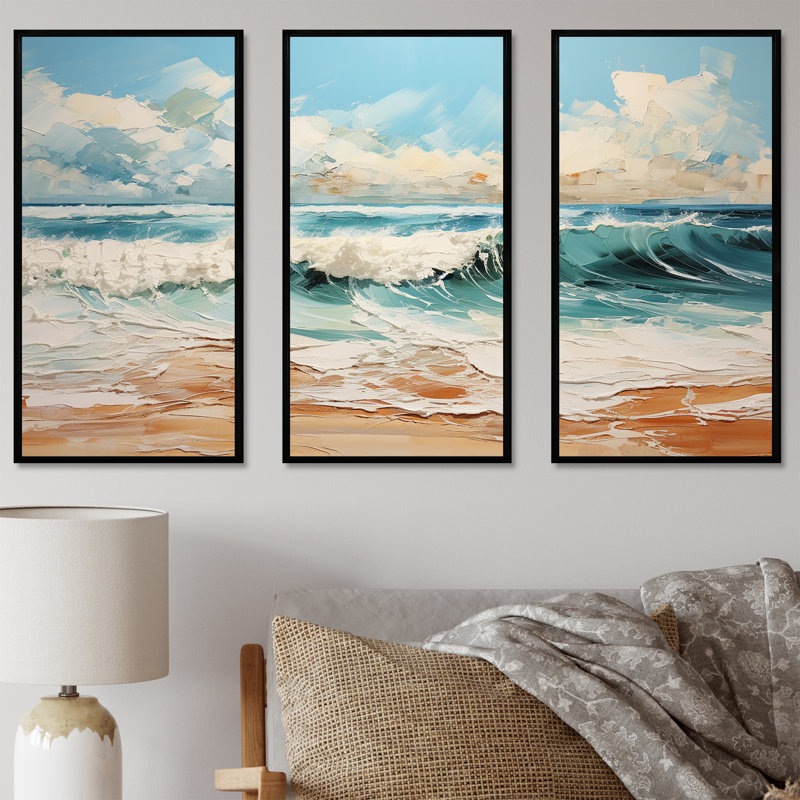 Ensemble de salon Teal Waves Fight I - Beach Wall Art, Cadre flottant noir, H 32 po x l 48 po x P 1 po