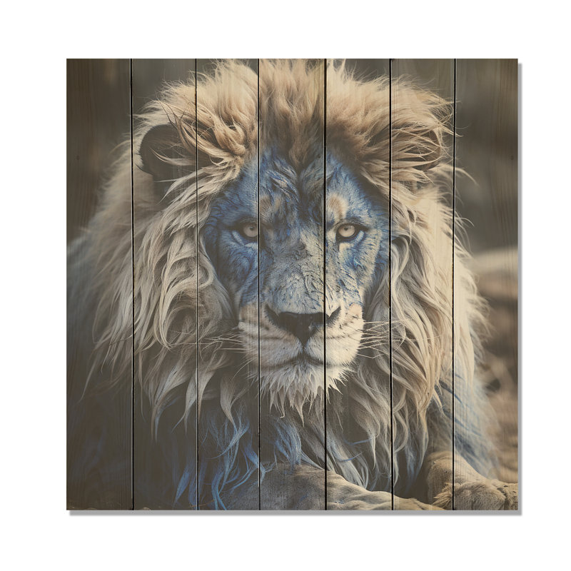 Blue Enigmatic Monarch Lion - Lion Animal On Wood Print, 15" H x 15" W