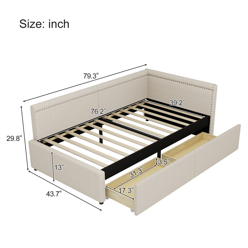 Modern Style Twin Size L Shape Corner Bed, Linen Upholstered Daybed with Two Storage Drawers, Beige