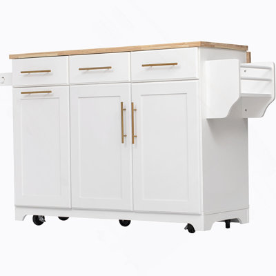 Rolling Kitchen Island With Drop Leaf Countertop, Pull-Out Trash Cabinet, Dual Organizers, Built-In Power Outlets, Spice And Towel Racks, And Rubber Wood Surface For Flexible Cooking And Storage.