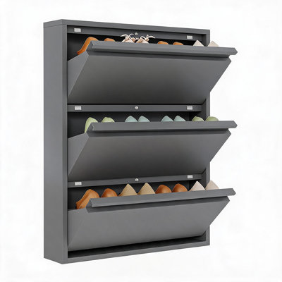 Armoire à chaussures mince en métal peu encombrante, 3 tiroirs rabattables - Organisateur de chaussures étroit pour entrée / couloir - autoportant ou mural - quincaillerie de sécurité anti-basculement, coins inférieurs amovibles - gris foncé