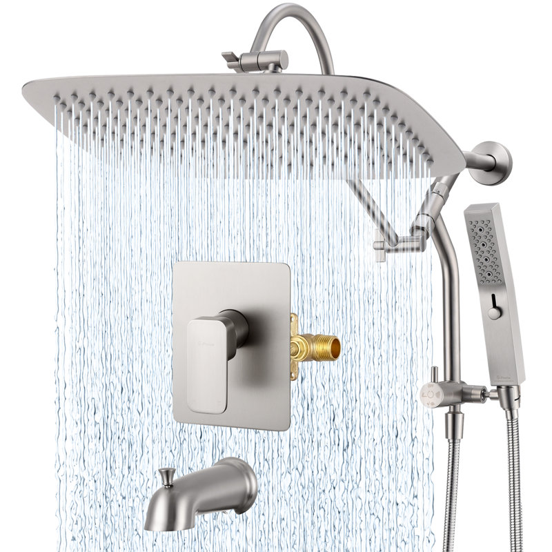 14 Inches Shower Faucet Sets Complete, All Metal Rainfall Shower Head And Handle Set, Extended Downward Diverter, Extension Arm Pressure Balance Rough-in Valve And Tub Spout Included