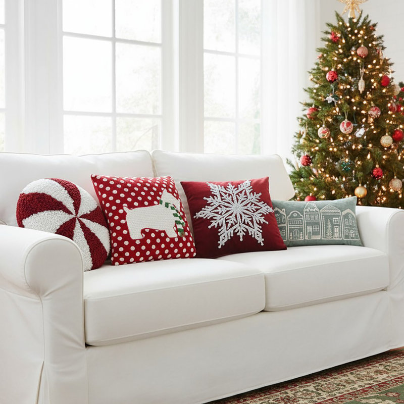 Coussin décoratif 22 po rond rouge menthe poivrée