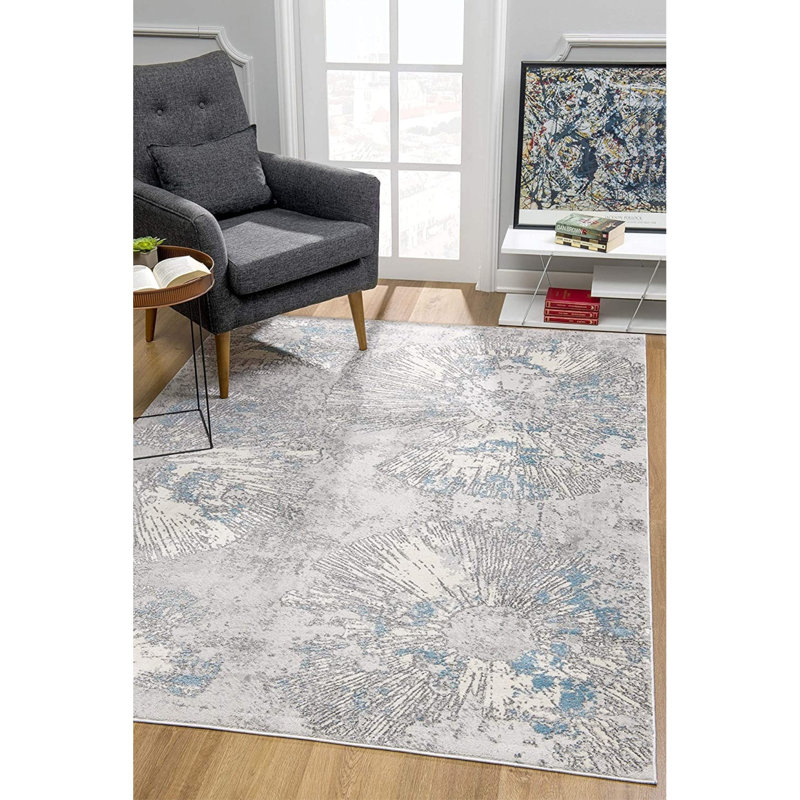 Tapis bleu / gris en polypropylène à motif abstrait tissé à la machine 4 pi x 6 pi Pula, Rectangle 4’ x 6’