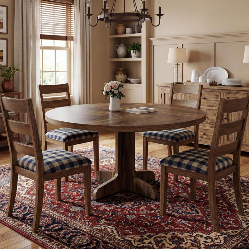 120 cm Round Dining Table for 4-6, Wood with Sturdy Base & Adjustable Feet, Space-Saving, Brown