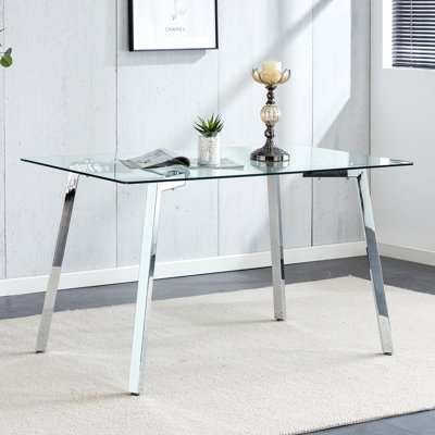 Glass Dining Table Modern Minimalist Rectangular  For 4-6 With 0.31" Tempered Glass Tabletop And Plating Metal Legs, Writing Table Desk, For Kitchen Dining Living Room
