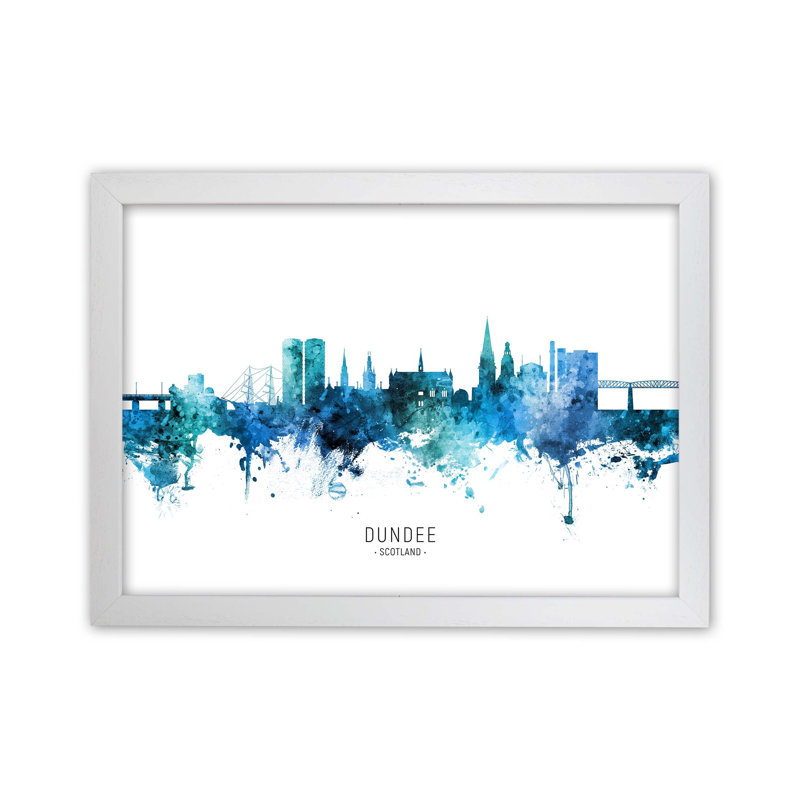 Dundee Scotland Skyline Blue City Name by Michael Tompsett - Print, White Framed, 34cm H x 46cm W x 3cm D