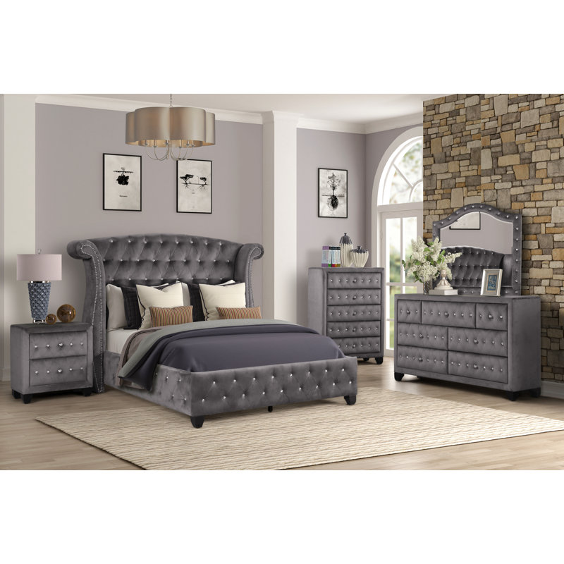 Ensemble de chambre à coucher double 5 pièces en bois gris