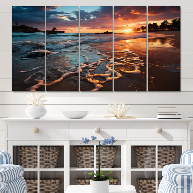 Coucher de soleil horizon I - reproduction d'art mural côtier - 5 panneaux égaux