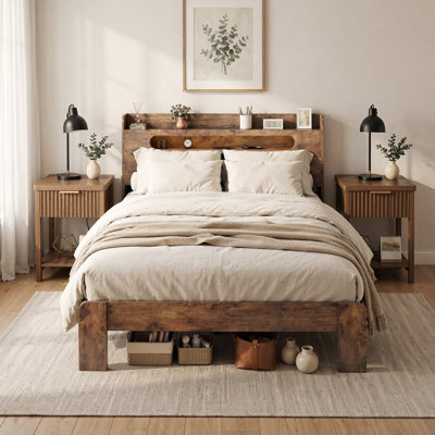 3-Piece Farmhouse Vintage Bedroom Set，1 Bed with LED and Charging Station and  Nightstands with Charging Station