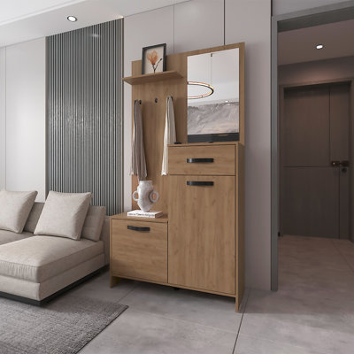 Arbre d'entrée Elko avec rangement, miroir et crochets pour mobilier complet FM