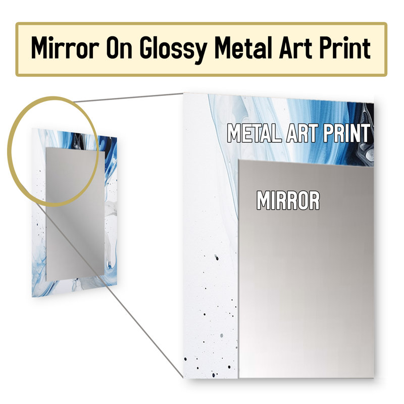 Bleu et gris Elixir I - miroir décoratif abstrait, miroir mural bleu, impression d'art en métal, 32 po x 24 po