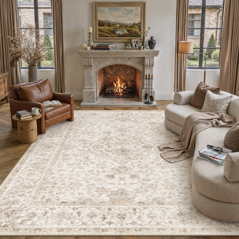 Tapis floral lavable à la machine avec envers antidérapant, Rectangle 8' x 10', Beige