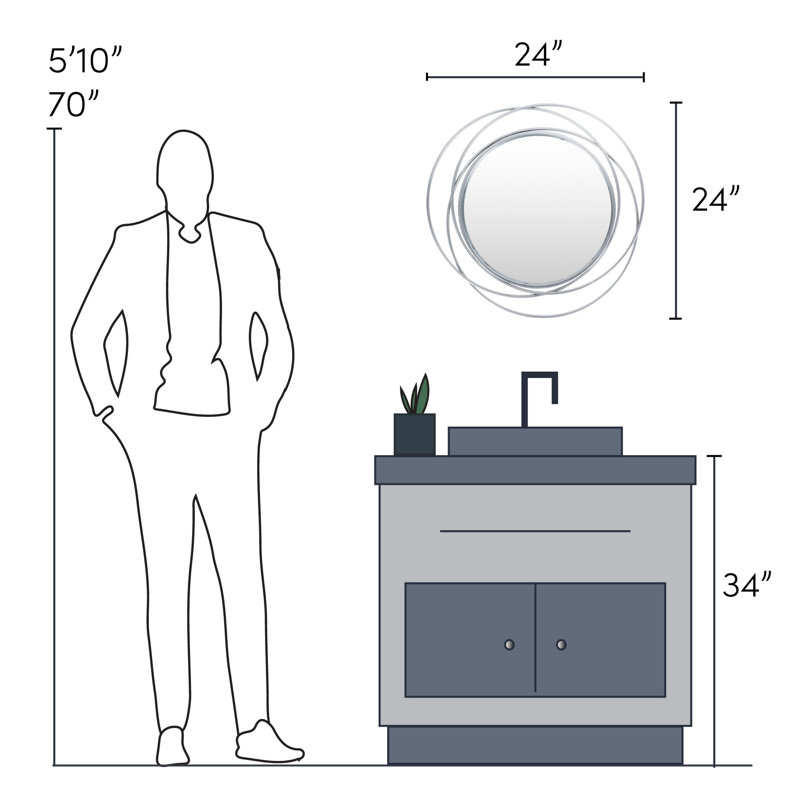 Wemple Iron Round Mirror, 24" x 24", Silver