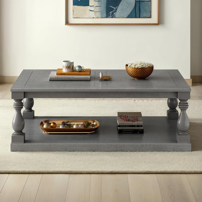 Storage Coffee Table with 4 Legs and Pinewood Frame, Gray