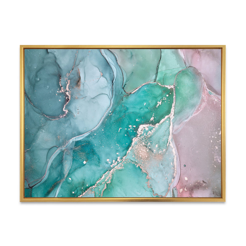 Marbre abstrait turquoise - peinture sur toile, Cadre flottant doré, H 30 po x l 40 po
