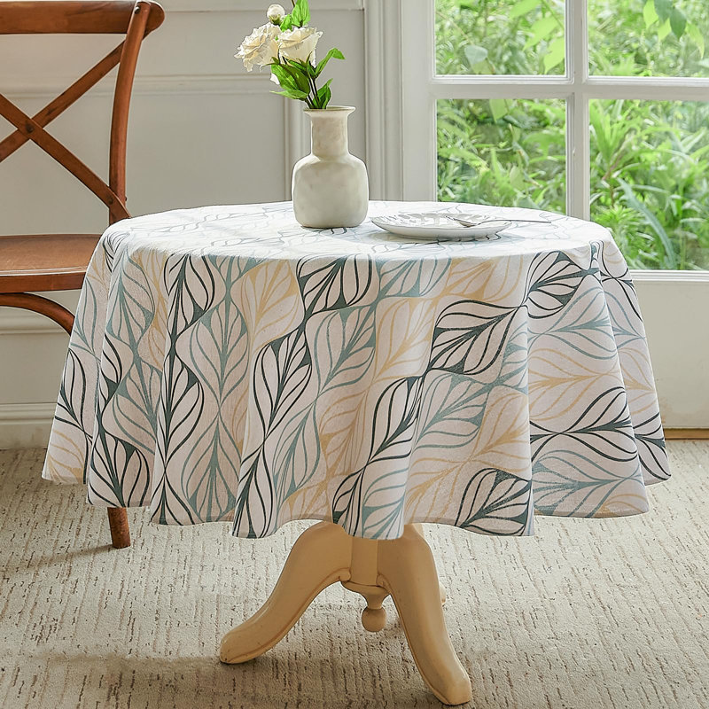Stripe Leaves Cotton Linen Round Tablecloth, Vintage Design for Dining, Party, Picnic, Garden (140cm)