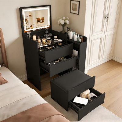 Coiffeuse 3 en 1 avec miroir rabattable, éclairage DEL réglable et plateau latéral coulissant, noire, avec tabouret – Bureau de rangement gain de place pour chambre à coucher