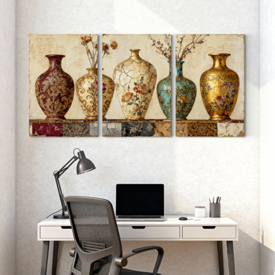 pottery vase Vintage Vases Floral Patterns Ornate Designs Classic Decorative Artwork Elegant Reflections Set of 3 Canvas Wall Art Prints