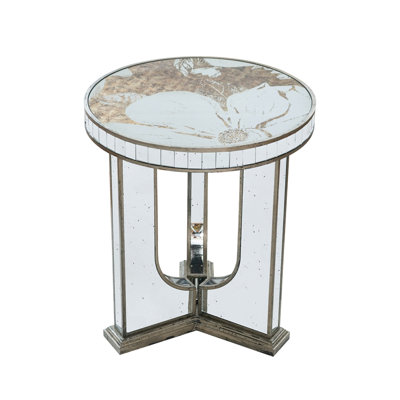21.5x21.5x25" Round Side Table with Elegant Foral Design and Mirrored Silver Finish