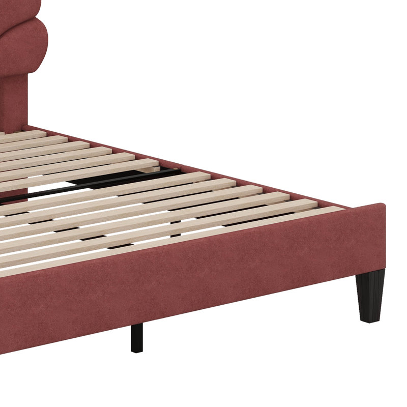 Tayveion Upholstered Platform Bed with Floral Velvet Headboard, Queen, Bean Paste Red, Solid + Manufactured Wood
