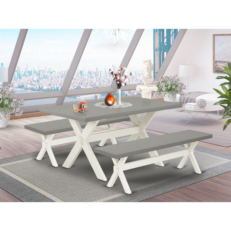 Ensemble de table de salle à manger 3 pièces moderne comprenant une table rectangulaire en bois avec pieds en X et 2 bancs de table, lin blanc