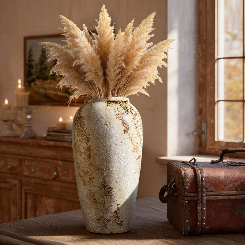 Handmade Ceramic Wide Textured Table Vase, Rustic Style Decorative Vase for Home, Office, Bedroom & Living Room Decor